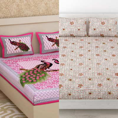 Poorak Cotton Double Flat 210 TC Jaipuri Prints Bedsheet(Pack of 2, BLUE_A444)