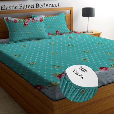Amrange 210 TC Microfiber King Floral Fitted (Elastic) Bedsheet(Pack of 1, Green)