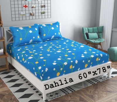 Dahlia 200 TC Polycotton Queen Printed Fitted (Elastic) Bedsheet(Pack of 1, Blue)