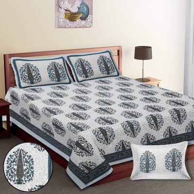 Madam Rumana Cotton King Flat 200 TC Printed Bedsheet(Pack of 1, Blue)
