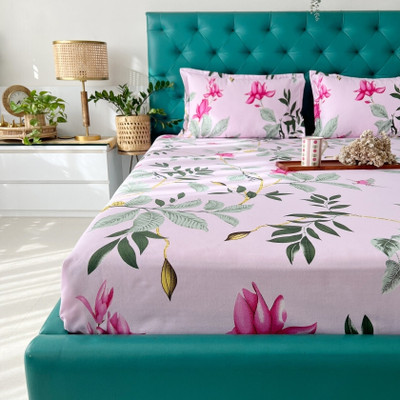 Urban Space Cotton King Fitted (Elastic) 200 TC Printed Bedsheet(Pack of 1, Pink)