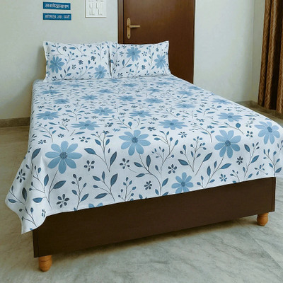 Vrindafabrico Polycotton Double Flat 250 TC Printed Bedsheet(Pack of 1, White and light Blue)