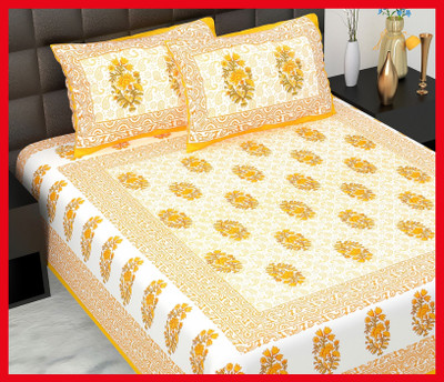 BedZone Cotton Double Flat 210 TC Jaipuri Prints Bedsheet(Pack of 1, Yellow)