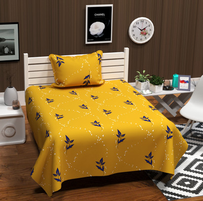 RVS Decor Cotton Single Flat 180 TC Printed Bedsheet(Pack of 1, Yellow, Black)