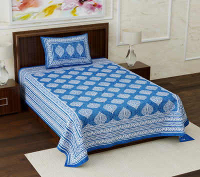Loroco 104 TC Cotton Single Printed Flat Bedsheet(Pack of 1, Blue)