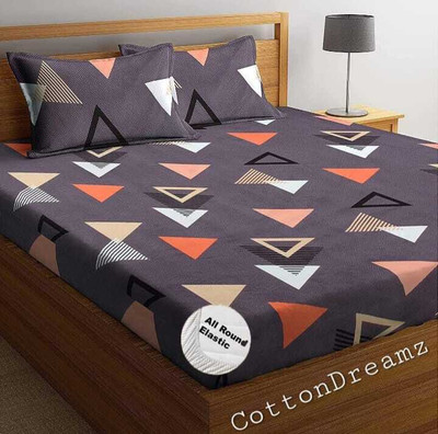 CottonDreamz Polycotton Double Fitted (Elastic) 200 TC Geometric Bedsheet(Pack of 1, Grey)