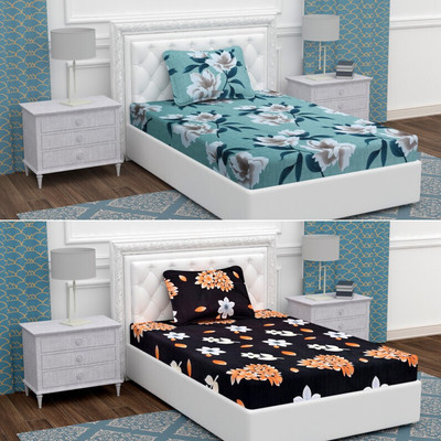 BEVI Microfiber Single Flat 280 TC Floral Bedsheet(Pack of 2, Green, Brown)