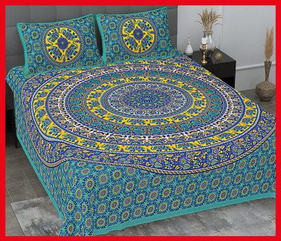 BedZone Cotton Double Flat 230 TC Jaipuri Prints Bedsheet(Pack of 1, Sea green)