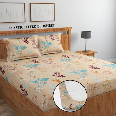 IVAAN INDIA 244 TC Polycotton Double Printed Fitted (Elastic) Bedsheet(Pack of 1, Beige+Aqua+Maroon)