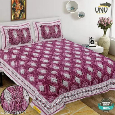 E ELMA 144 TC Cotton Double Jaipuri Prints Flat Bedsheet(Pack of 1, Purple)