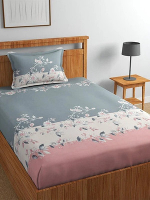 vnm home Cotton, Microfiber Single Flat 210 TC Printed Bedsheet(Pack of 1, Grey-Pink)