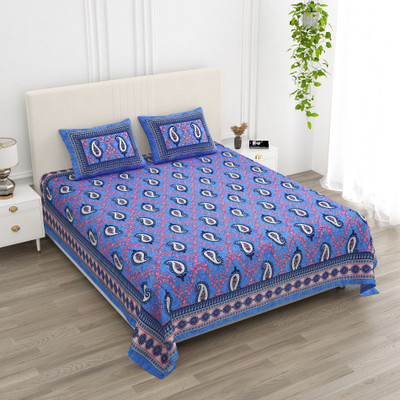LOCEE Cotton King Flat 1 TC Jaipuri Prints Bedsheet(Pack of 1, Blue)