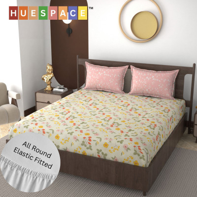 HUESPACE Cotton, Microfiber, Polycotton Double, King Fitted (Elastic) 300 TC Printed Bedsheet(Pack of 1, Multicolor)
