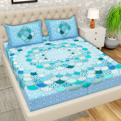 Cosito 144 TC Cotton Double Jaipuri Prints Flat Bedsheet(Pack of 1, Blue)
