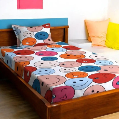 Fashancy Cotton Single Fitted (Elastic) 260 TC Cartoon Bedsheet(Pack of 1, Cartoon Smile)