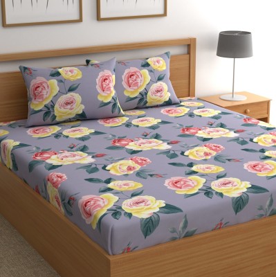 CHHAVI INDIA 210 TC Microfiber Double Printed Flat Bedsheet(Pack of 1, YELLOW PINK FLOWER, Grey)