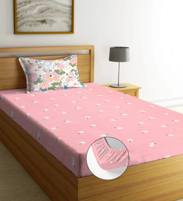 Moonroof Cotton Single Fitted (Elastic) 240 TC Printed Bedsheet(Pack of 1, Pink, Multicolor)