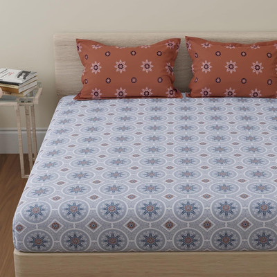 Huesland Cotton King Flat 144 TC Geometric Bedsheet(Pack of 1, Brown & Grey)