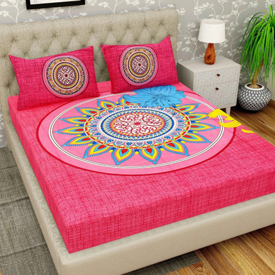 Cosito Cotton Double Flat 144 TC Jaipuri Prints Bedsheet(Pack of 1, Dark Pink)