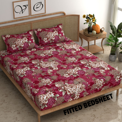 CG Homes 180 TC Cotton Double Printed Fitted (Elastic) Bedsheet(Pack of 1, Red Flower)