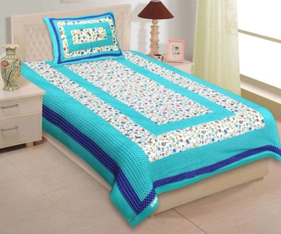 KAANY FAB Cotton Single Flat 144 TC Jaipuri Prints Bedsheet(Pack of 1, Green)