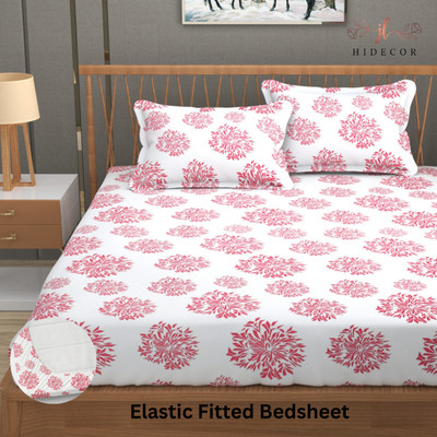 HIDECOR 280 TC Microfiber King Polka Fitted (Elastic) Bedsheet(Pack of 1, White (Mauve Print))