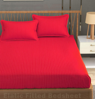 REDROME Cotton Double Fitted (Elastic) 300 TC Striped Bedsheet(Pack of 1, Red)