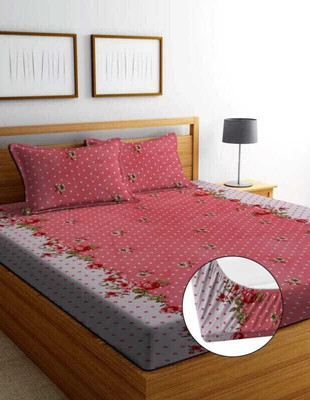 yatin fab 220 TC Cotton King Printed Fitted (Elastic) Bedsheet(Pack of 1, Pink)