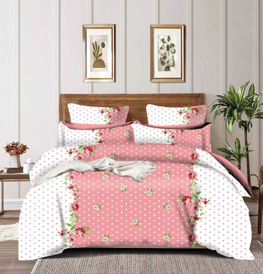 Komfy 280 TC Polycotton Double Printed Fitted (Elastic) Bedsheet(Pack of 1, Pink dott)