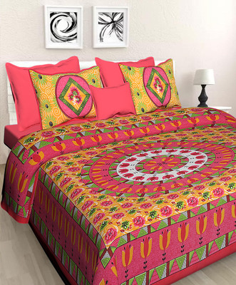 JAIPUR PRINTS Cotton Double Flat 144 TC Jaipuri Prints Bedsheet(Pack of 1, Pink)