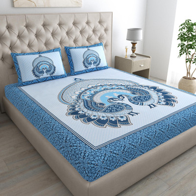 Manjeet Textiles 144 TC Cotton Double Jaipuri Prints Flat Bedsheet(Pack of 1, Blue)