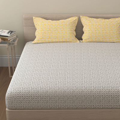 Huesland Cotton King Flat 144 TC Checkered Bedsheet(Pack of 1, Grey & Yellow)