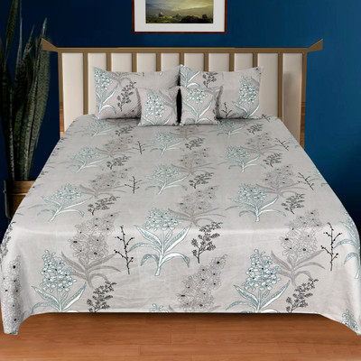 ANIKET Cotton Double, King Flat 190 TC Printed Bedsheet(Pack of 1, Grey, SET OF 5 Pcs.(1 Double bedsheet+2 Pillow Cover+2 Filled Cushion Cover))