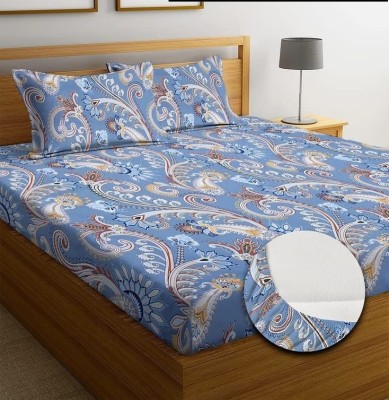 Vishal international 220 TC Cotton Super King, King, Queen, Double Floral Fitted (Elastic) Bedsheet(Pack of 1, Blue)