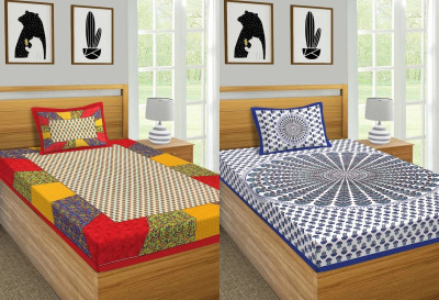Jeevat 180 TC Cotton Single Jaipuri Prints Flat Bedsheet(Pack of 2, Multicolor10)