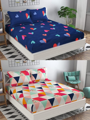 VORDVIGO 220 TC Cotton Queen Abstract Fitted (Elastic) Bedsheet(Pack of 2, Multicolor)