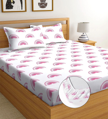 Shruvis Ekart Cotton Double Fitted (Elastic) 244 TC Printed Bedsheet(Pack of 1, White, Pink_Sunflower)
