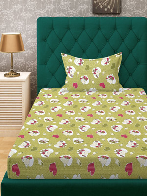 Klotthe 400 TC Cotton Single Printed Fitted (Elastic) Bedsheet(Pack of 1, Green)