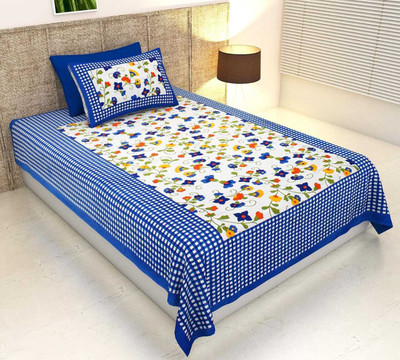 Xara 144 TC Cotton Single Jaipuri Prints Flat Bedsheet(Pack of 1, Blue)