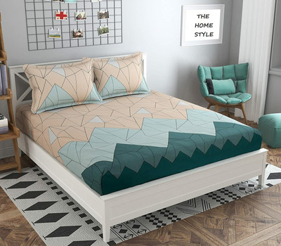 Amrange 210 TC Cotton King Geometric Fitted (Elastic) Bedsheet(Pack of 1, Beige-Green)