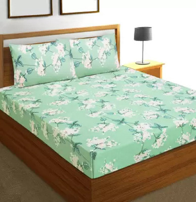 TURIYA Microfiber Double Fitted (Elastic) 180 TC Printed Bedsheet(Pack of 1, Light Green)