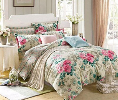 Huesland 144 TC Cotton Double Printed Flat Bedsheet(Pack of 1, Beige, Pink, Green)