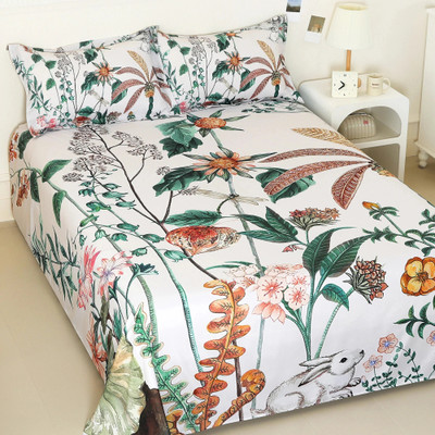 Story@home Satin King Flat 300 TC Printed Bedsheet(Pack of 1, White, Green)