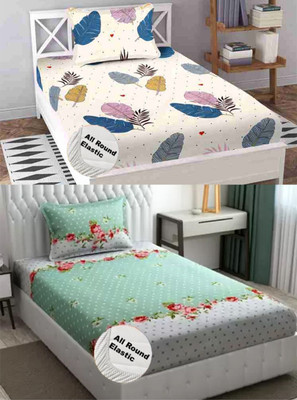 Nt@ub 210 TC Cotton Single Printed Fitted (Elastic) Bedsheet(Pack of 2, Cream Leaf, Green Dot)