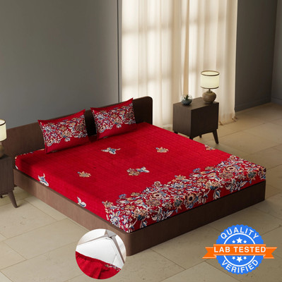 CARLTON LONDON 144 TC Polyester Double Floral Fitted (Elastic) Bedsheet(Pack of 1, Maroon)