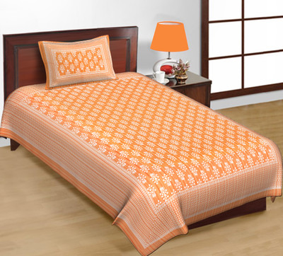 BEDOPS 180 TC Cotton Single Jaipuri Prints Flat Bedsheet(Pack of 1, Orange)