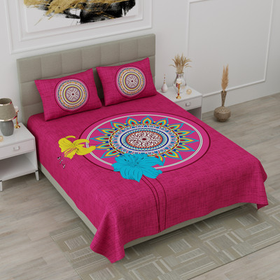 Poorak 104 TC Cotton Double Jaipuri Prints Flat Bedsheet(Pack of 1, Pink)