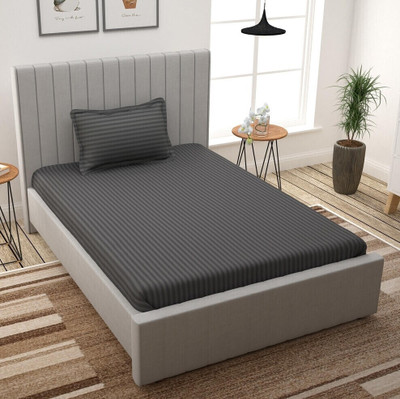 EVAN 300 TC Cotton Single Striped Fitted (Elastic) Bedsheet(Pack of 1, Dark Grey)