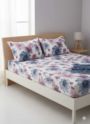 GHYT Cotton Queen Flat 250 TC 3D Printed Bedsheet(Pack of 1, White)