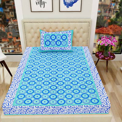 Jafox 144 TC Cotton Single Jaipuri Prints Flat Bedsheet(Pack of 1, Blue)